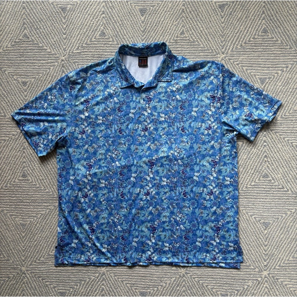Tropical Bros Polyester Polo Shirt - Blue/Purple w/ Floral/Butterfly Design -3XL